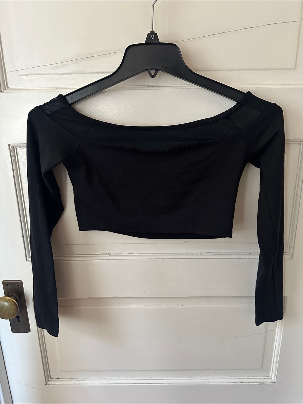 Black Off The Shoulder Long Sleeve Crop Top Sheer Mesh Trim Neckline